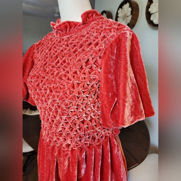Free People Pink Red Crushed Velvet Mini Dress  Girly Flirty Open back - Picture 8 of 14